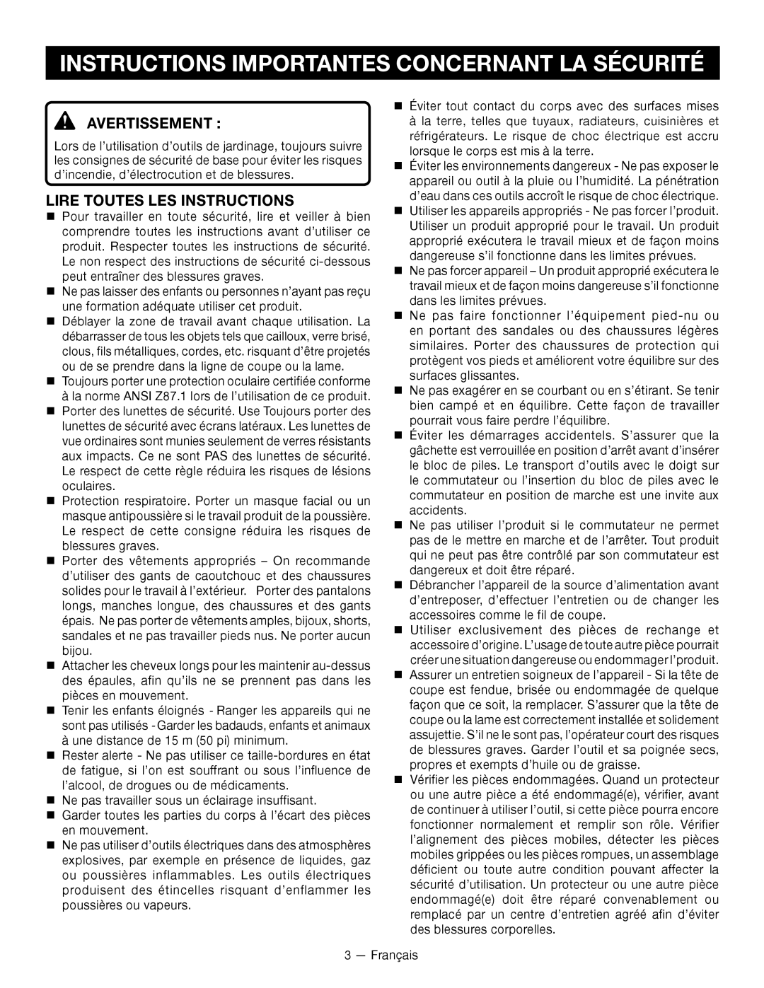 Ryobi P2005 Instructions Importantes Concernant La Sécurité, Avertissement , Lire Toutes Les Instructions 